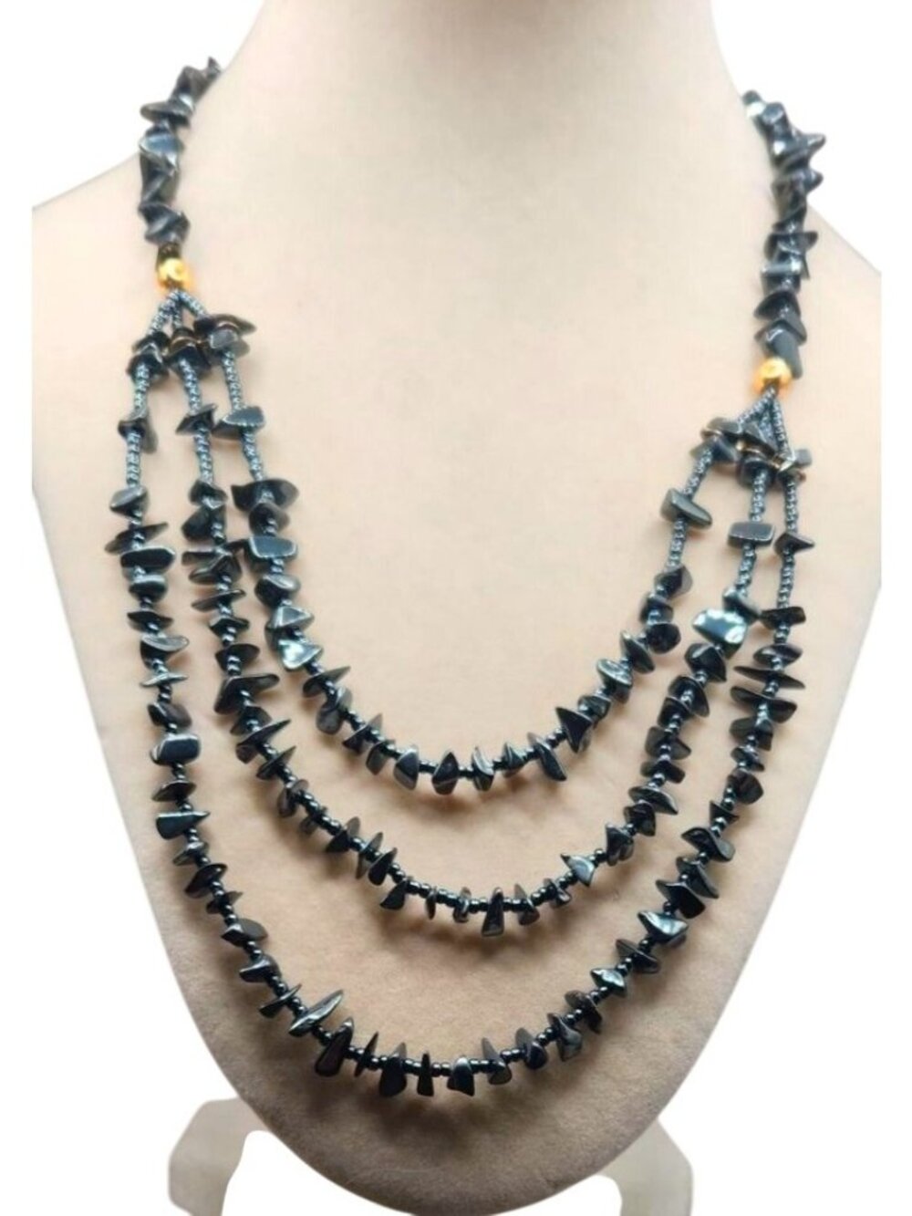 Black Hematite Multi-Strand Necklace With Chip Beads & Magnetic Clasp Elegant La